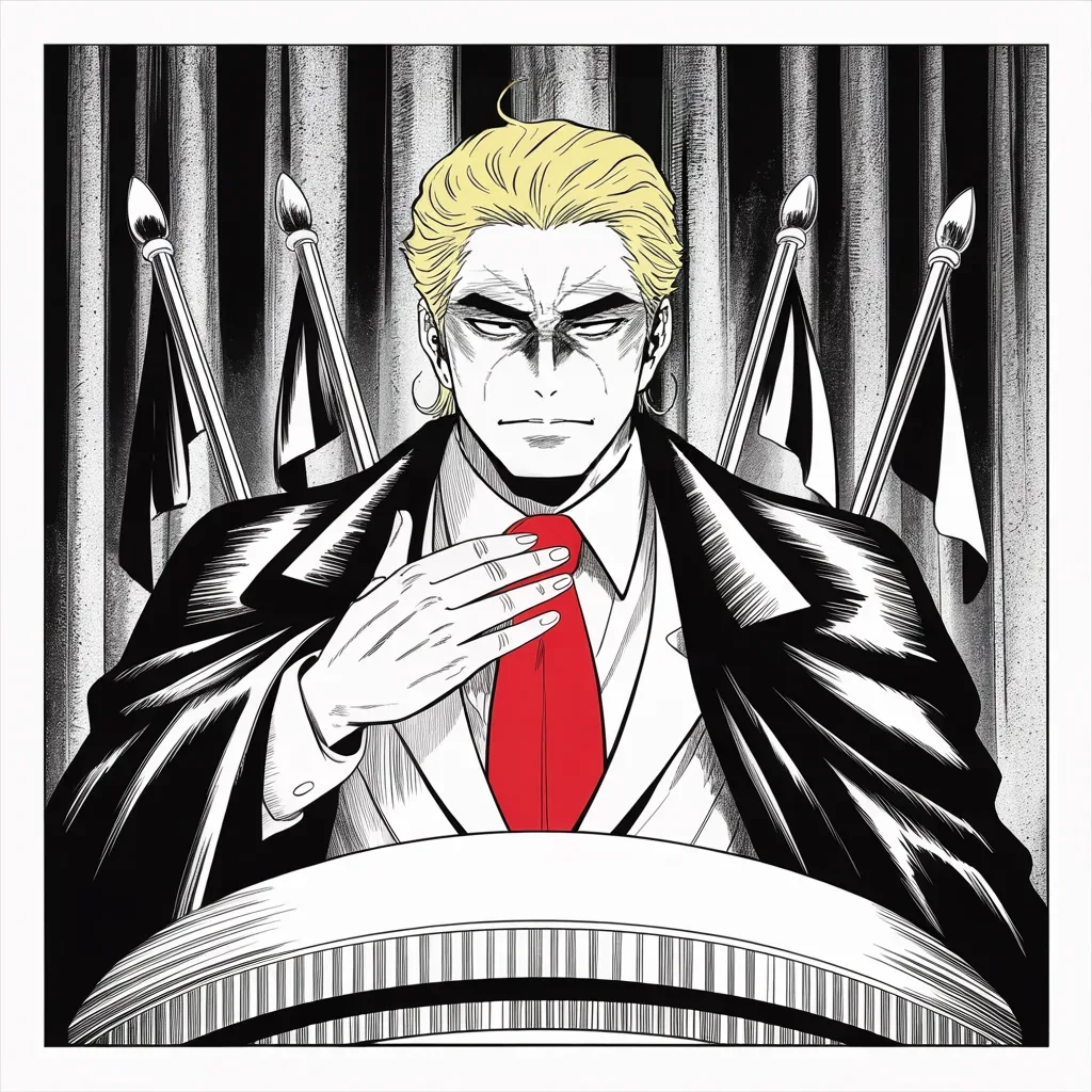 Manga panel 3 of 5, Week 95 “Fifty-Nine Arrows”: Hand over heart at the podium, Donarudo salutes the warriors who carried out the strike across the sea.