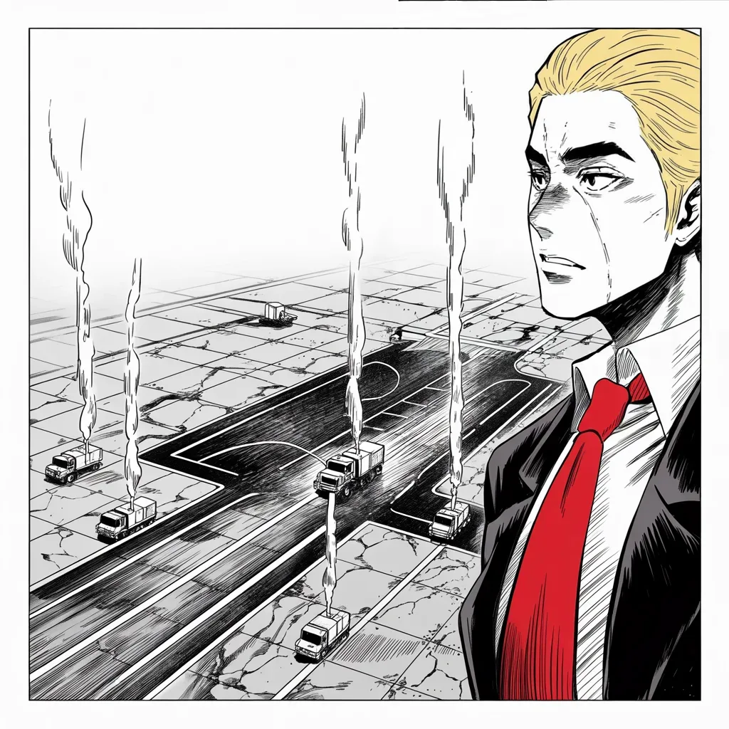 Manga panel 4 of 5, Week 95 “Fifty-Nine Arrows”: By dawn the cratered runway is already crawling with repair trucks, and the strategist explains why runways are never the target.