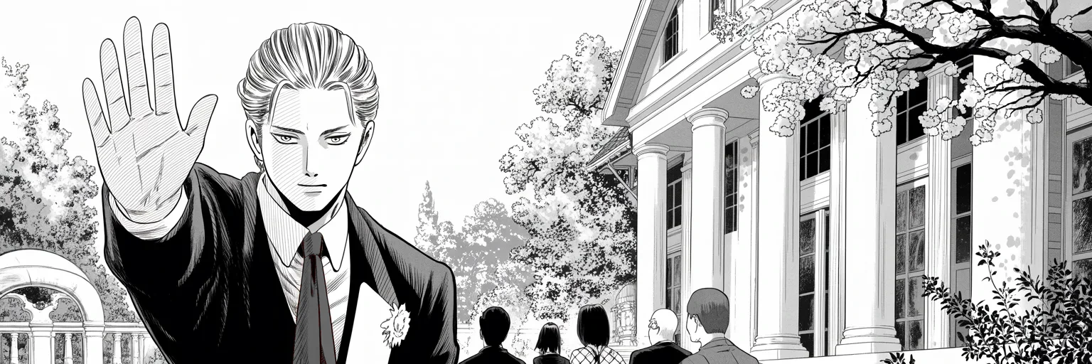Manga panel 5 of 5, Week 95 “Fifty-Nine Arrows”: In the blossoming garden the new justice raises his right hand — the reign seats its judge on the highest bench.