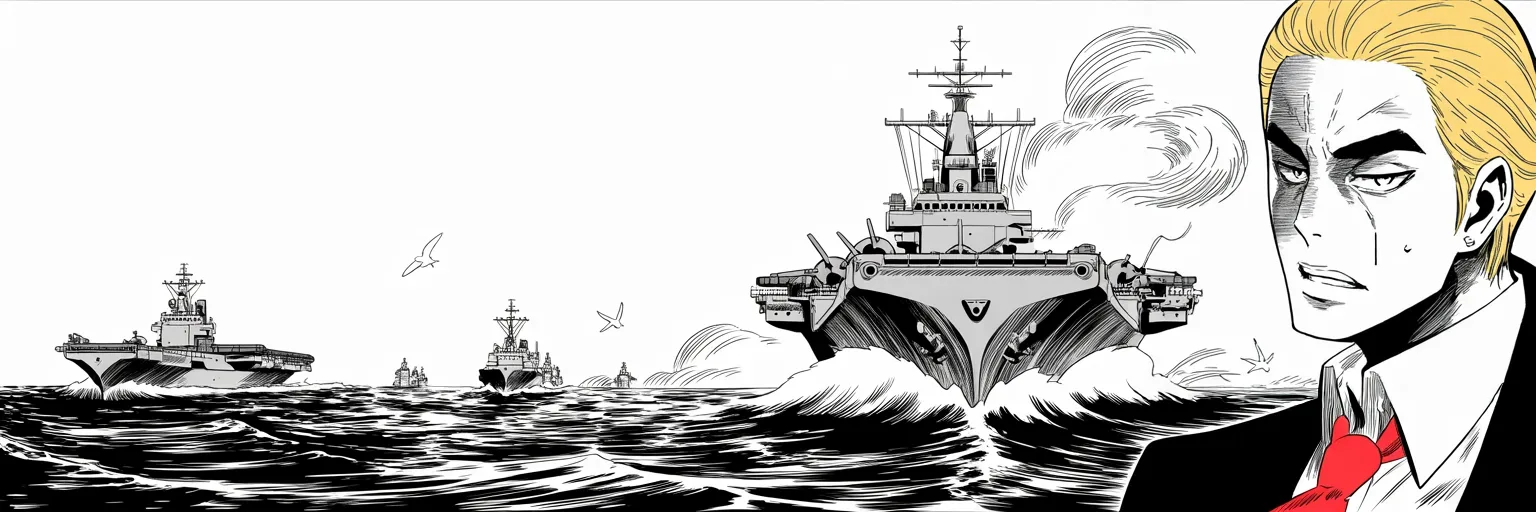 Manga panel 1 of 4, Week 96 “The Armada”: The armada steams toward the peninsula — or so the world is told — as Donarudo dares the missile kingdom to look for trouble.