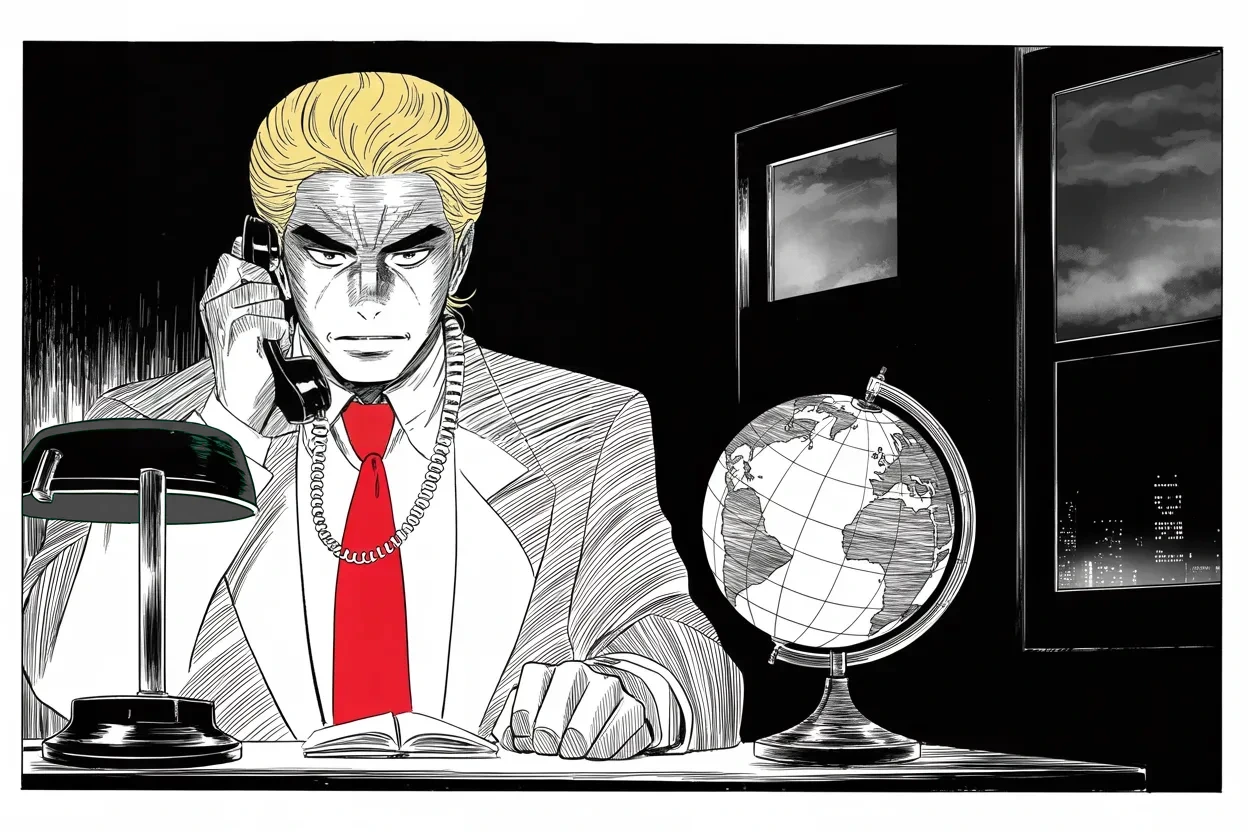 Manga panel 2 of 4, Week 96 “The Armada”: The red telephone at his ear and the globe turned to the Pacific, Donarudo works the emperor of the East over the missile kingdom.