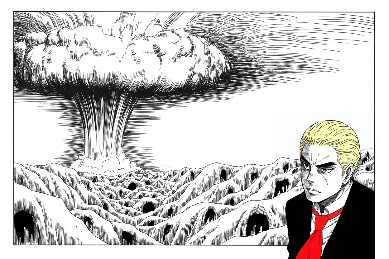 Manga panel 3 of 4, Week 96 “The Armada”: The largest non-nuclear bomb in the arsenal blooms over the cave-riddled valley of the far mountains.