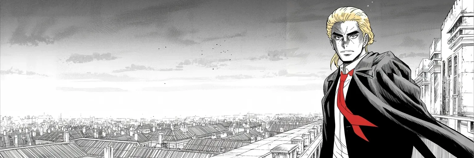 Manga panel 4 of 4, Week 96 “The Armada”: From the rampart at dawn Donarudo surveys the kingdom and declares the restoration already underway.