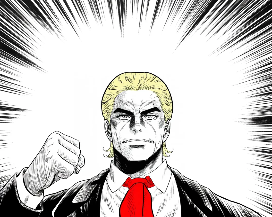 Manga panel 2 of 4, Week 97 “The Ridiculous Standard”: Fist raised, Donarudo claims the Georgia runoff as a victory — glad, as ever, to be of help.