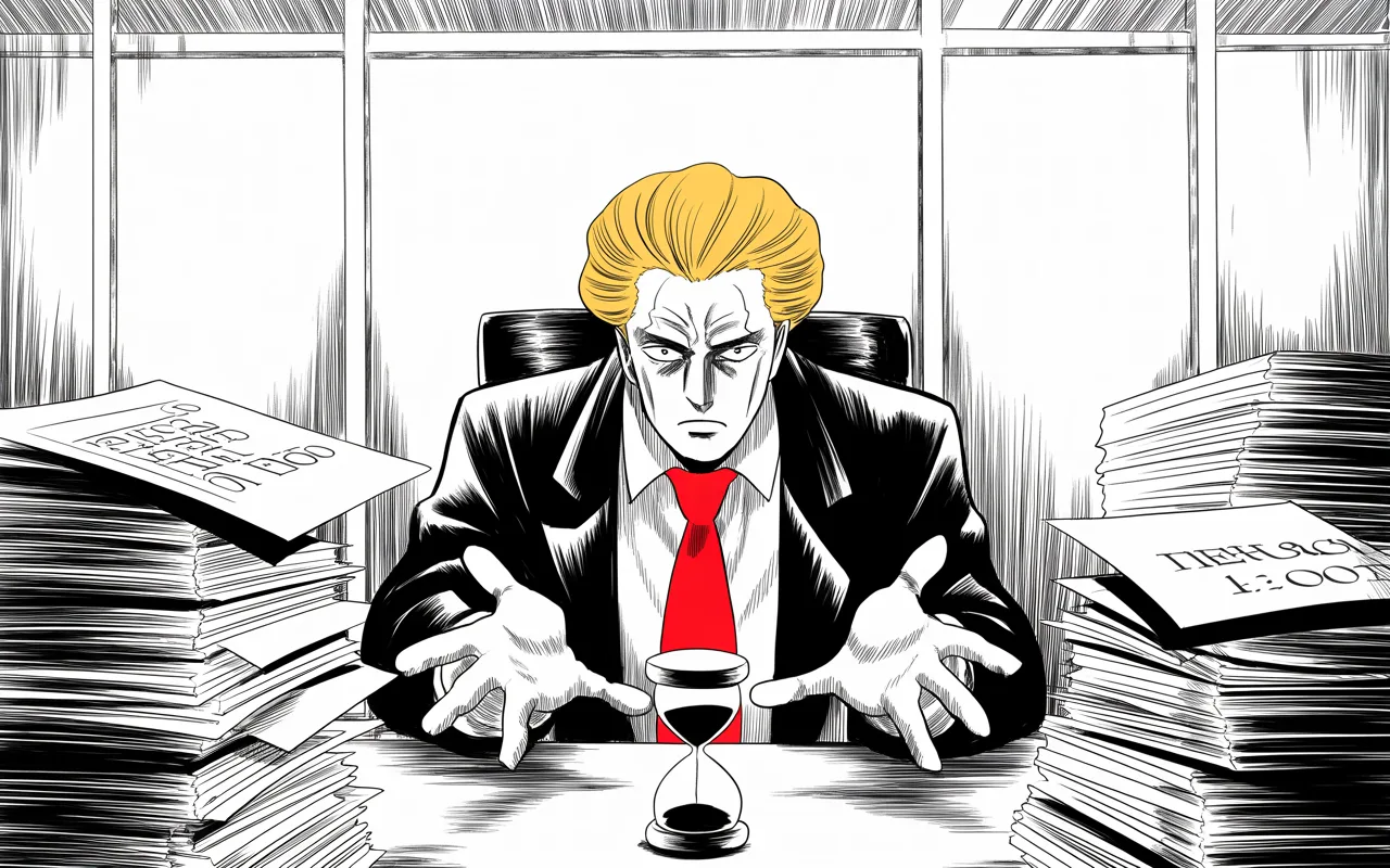 Manga panel 3 of 4, Week 97 “The Ridiculous Standard”: Beside an hourglass nearly run out, Donarudo rails at the hundred-days scorekeeping he calls a ridiculous standard.