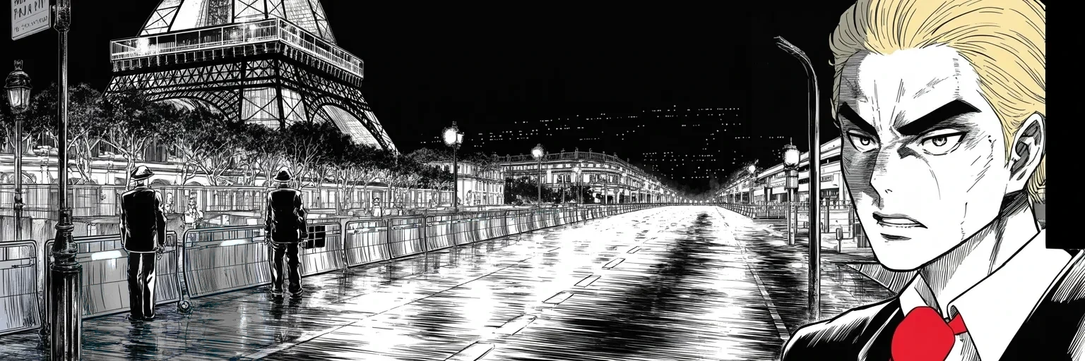 Manga panel 4 of 4, Week 97 “The Ridiculous Standard”: Police lights wash a cordoned Paris boulevard after another attack, and Donarudo calls the ballot three days away.