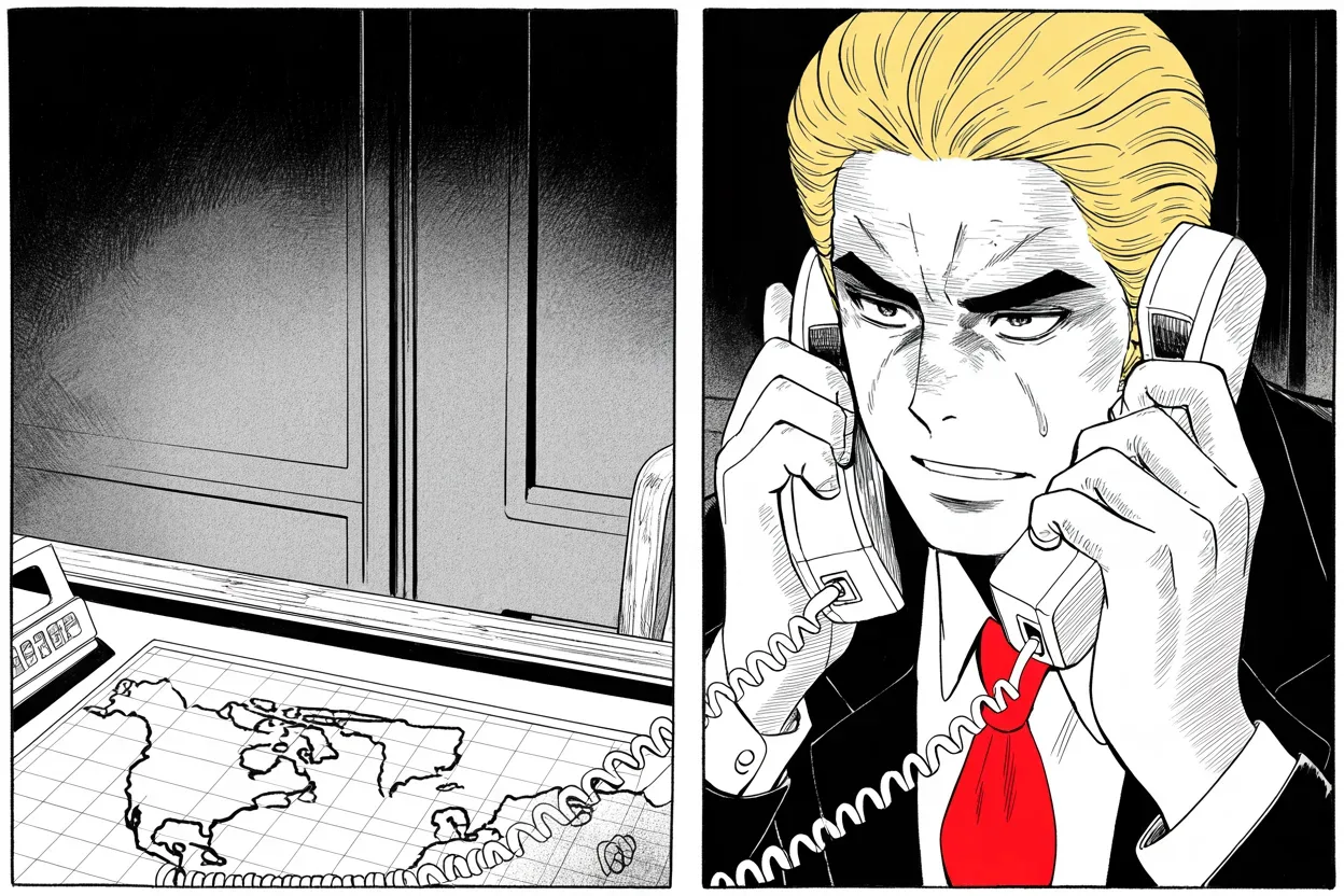 Manga panel 2 of 4, Week 98 “Day One Hundred”: A telephone at each ear, the northern and southern neighbors on the lines, Donarudo spares the trade pact he was hours from tearing up.