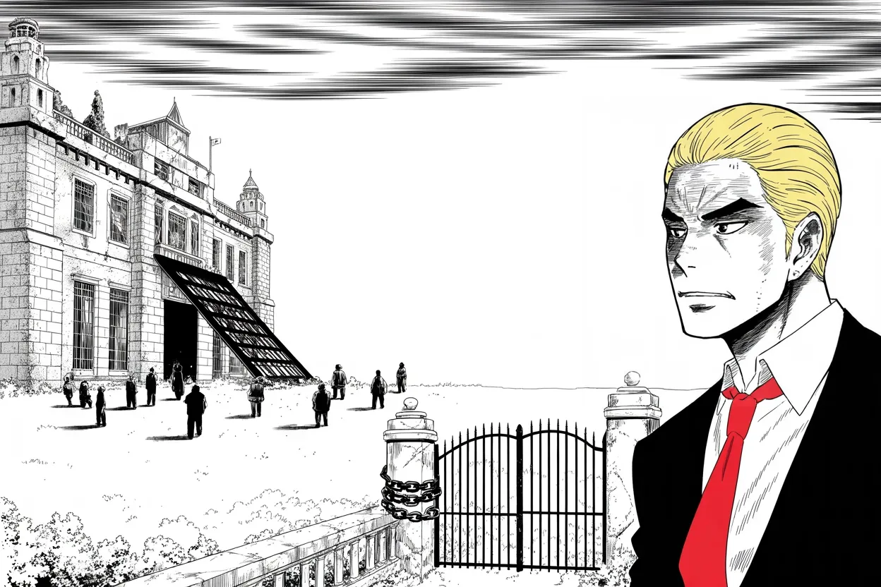 Manga panel 3 of 4, Week 98 “Day One Hundred”: The portcullis of the government citadel grinds halfway down as shutdown brinkmanship becomes the week's siege engine.