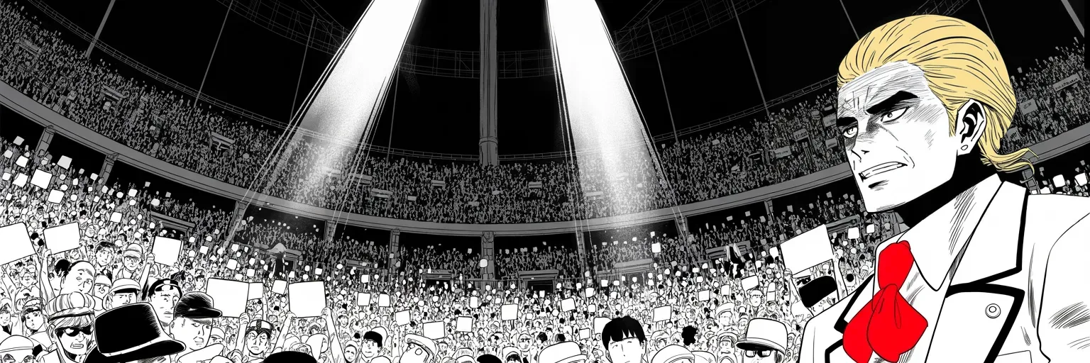 Manga panel 4 of 4, Week 98 “Day One Hundred”: On his hundredth day Donarudo skips the correspondents' banquet and returns to a roaring Pennsylvania arena instead.
