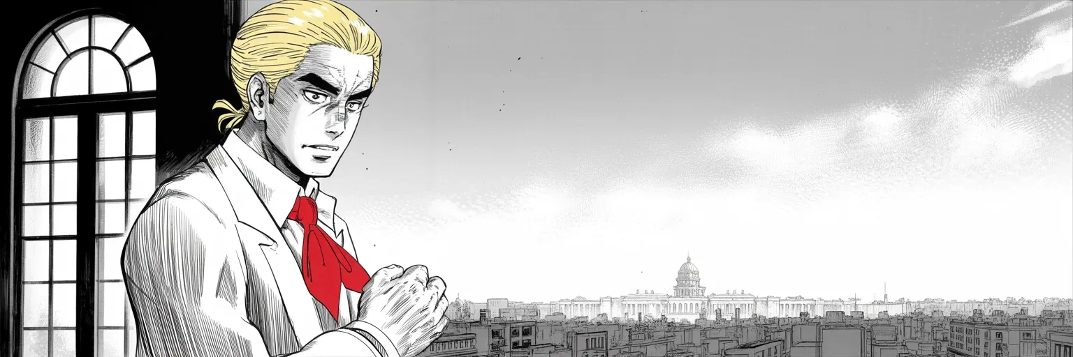 Manga panel 1 of 4, Week 99 “The Rose Garden”: At the tall window at dawn Donarudo looks toward the dome that keeps defying him and dreams aloud of a good shutdown.