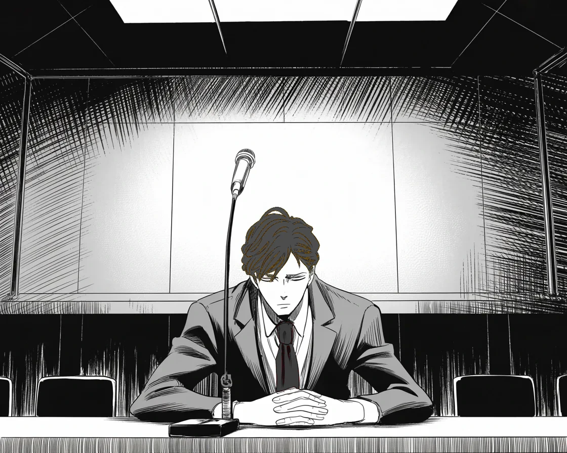 Manga panel 2 of 4, Week 99 “The Rose Garden”: The towering marshal folds his hands at the witness table and says the thought of having swayed the election makes him mildly nauseous.