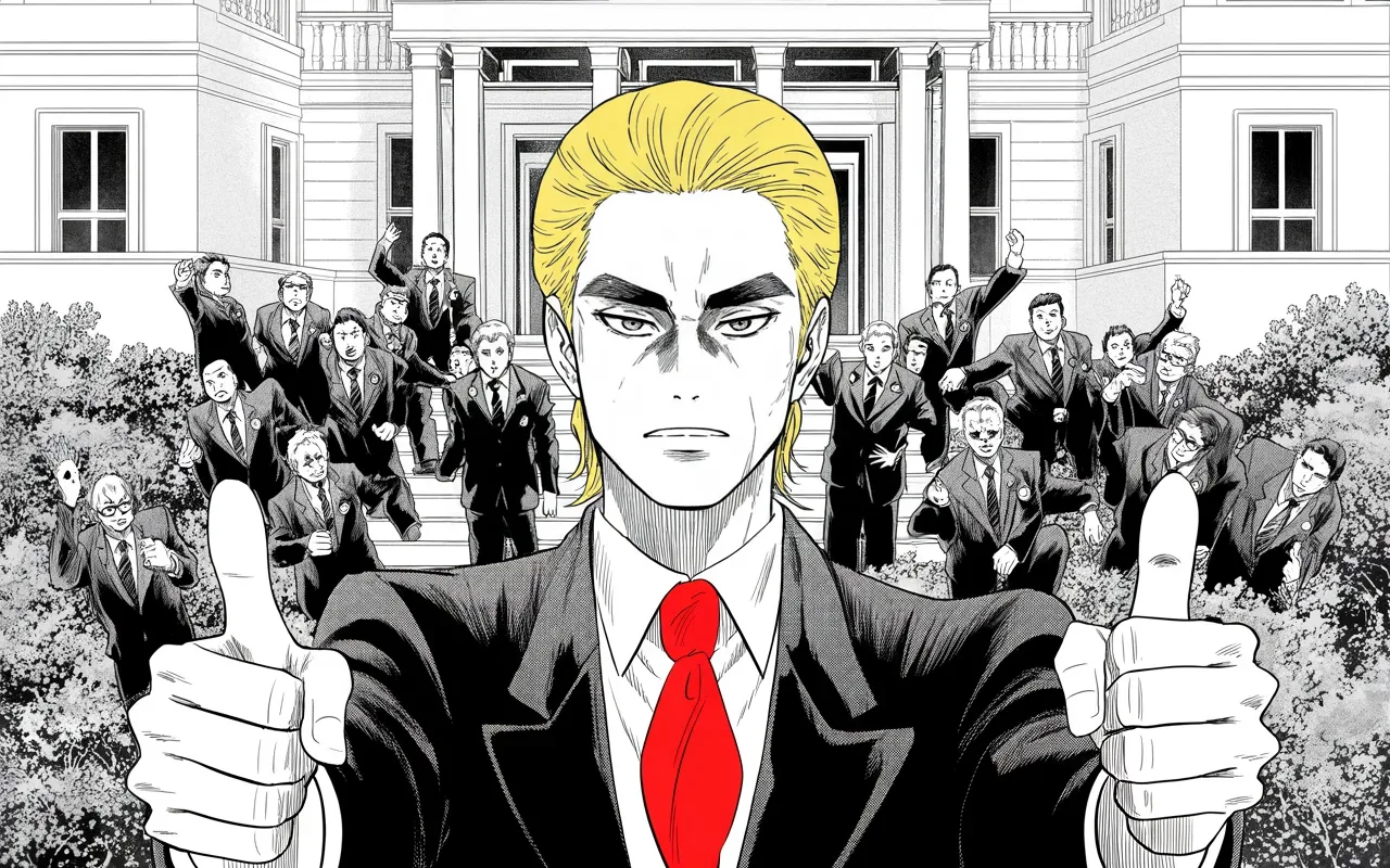 Manga panel 3 of 4, Week 99 “The Rose Garden”: Thumbs up among the massed legislators on the garden steps, Donarudo celebrates the House repeal vote like a signed law.