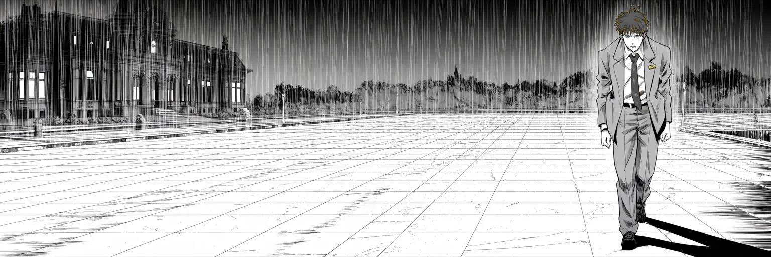 Manga panel 4 of 4, Week 99 “The Rose Garden”: The towering marshal crosses the empty plaza alone under a single watching window. He has one day left.