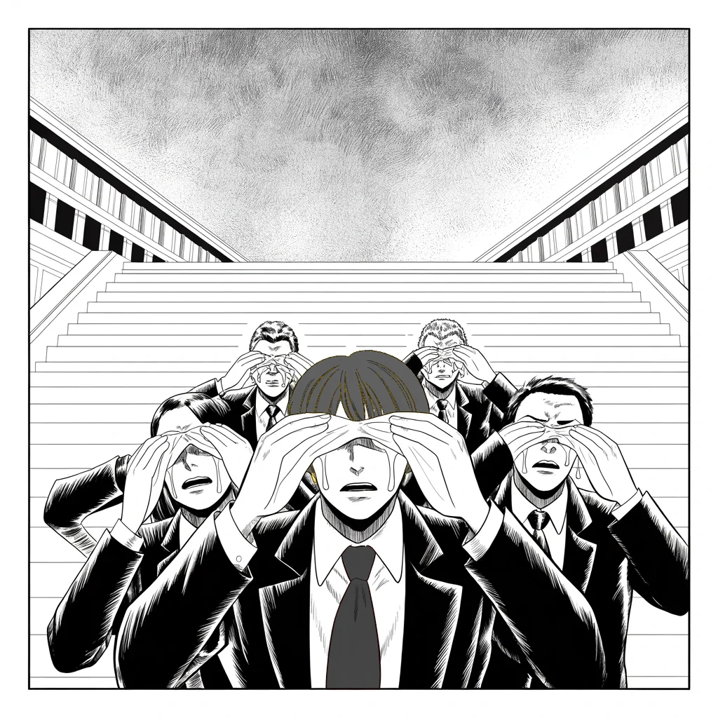 Manga panel 2 of 5, Week 100 “The Letter”: The opposition weeps stage tears on the capitol steps for the marshal they spent a year condemning, and Donarudo calls the performance.