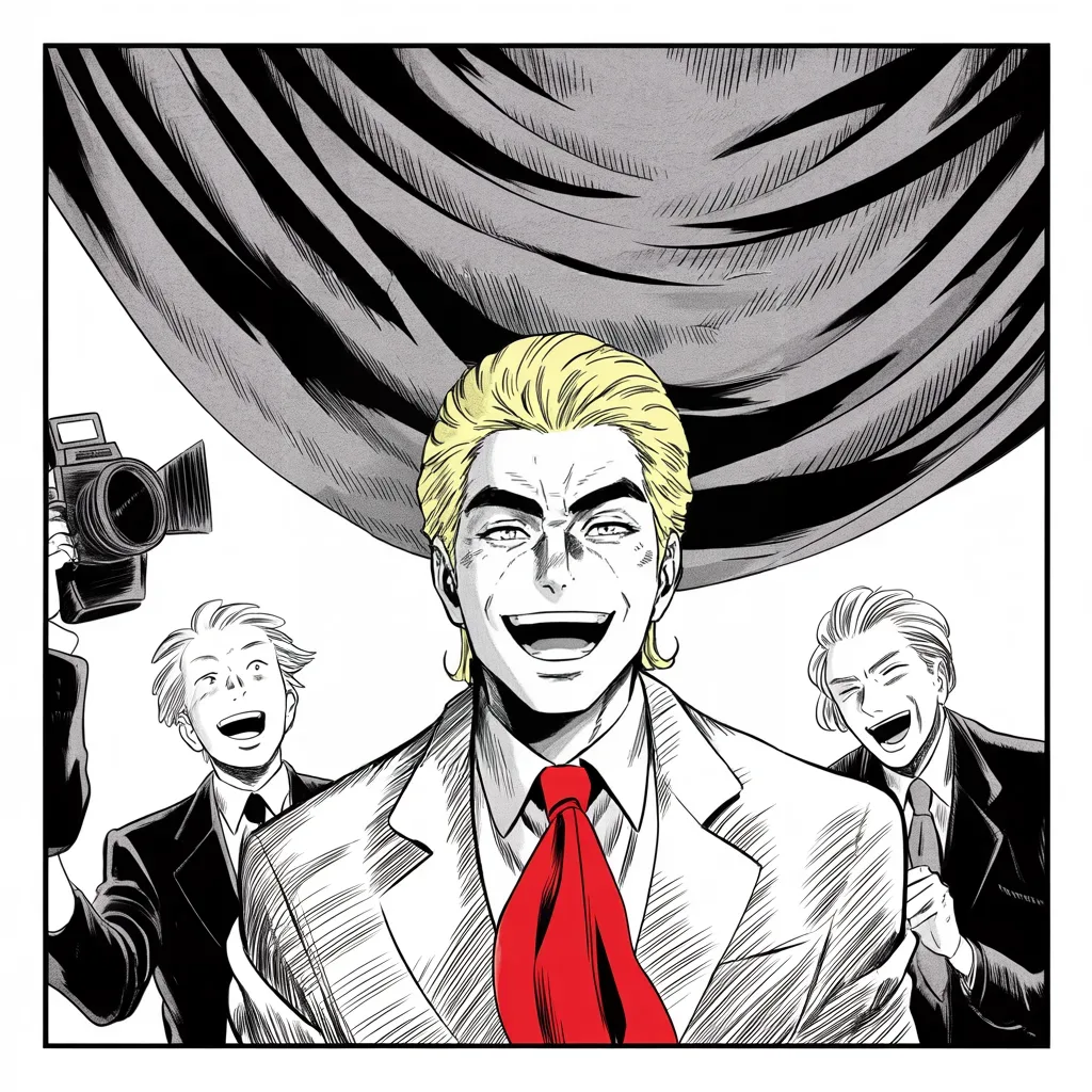 Manga panel 3 of 5, Week 100 “The Letter”: The morning after the firing Donarudo laughs in the gilded office with the northern kingdom's envoys, a single flash freezing the scene.