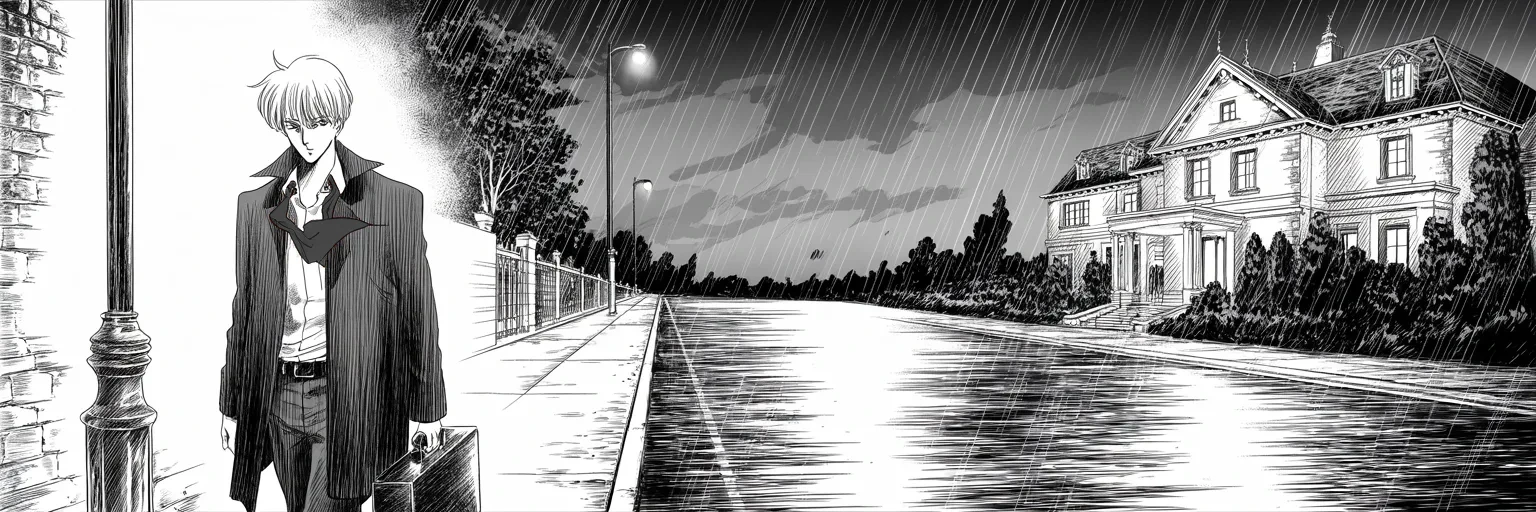 Manga panel 5 of 5, Week 100 “The Letter”: Under a streetlamp across from the mansion, a silent pale-haired figure in a dark overcoat waits in the rain with a briefcase in hand.