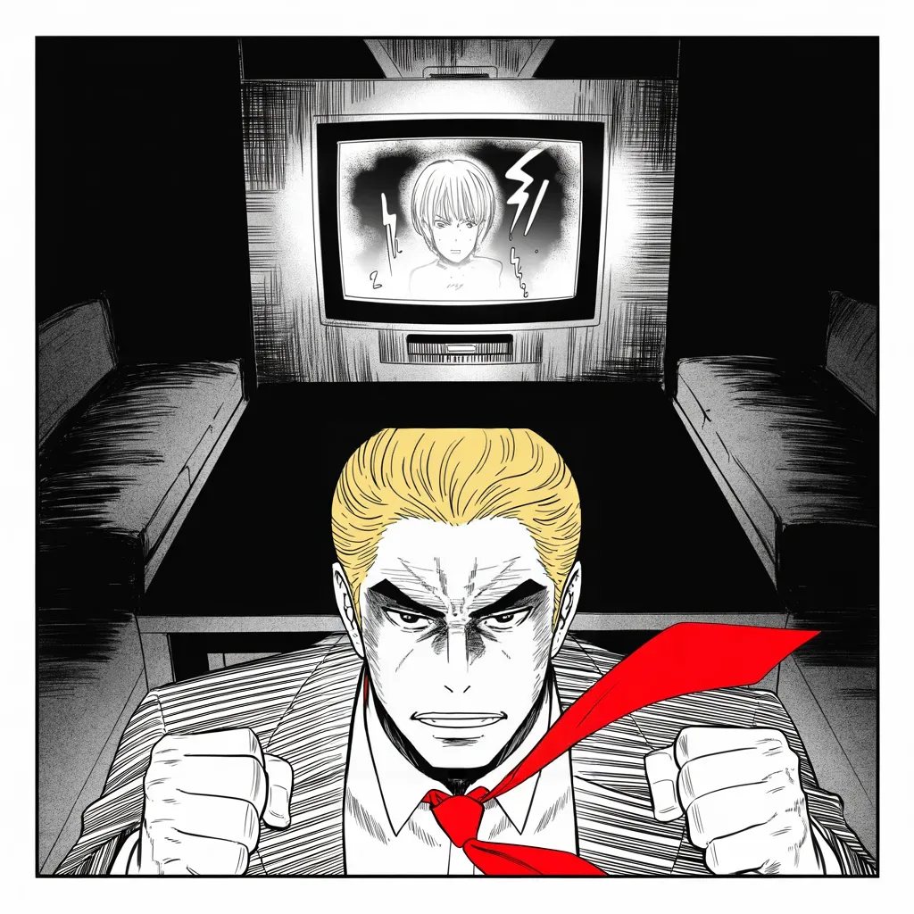Manga panel 2 of 5, Week 101 “The Appointment”: The news reaches the study at night, and Donarudo rises roaring at the glowing screen: the greatest witch hunt in history has begun.