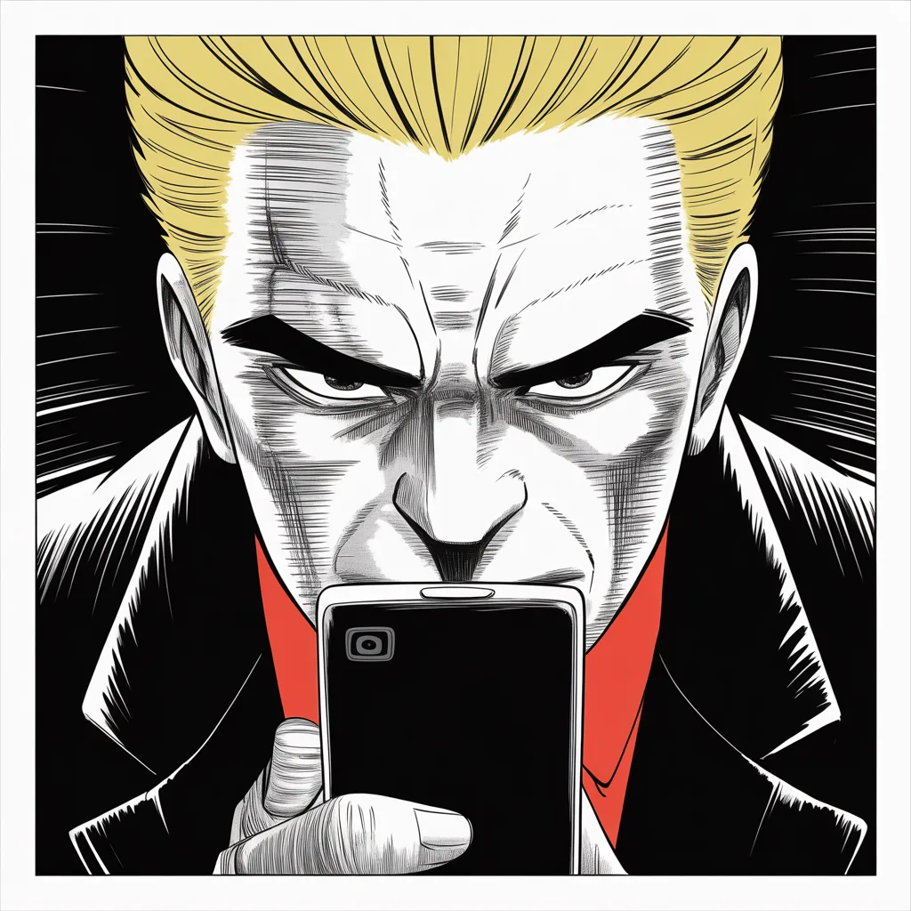 Manga panel 3 of 5, Week 101 “The Appointment”: Lit only by the phone, Donarudo types the grievance that will become a refrain: no special counsel was ever appointed for his enemies.