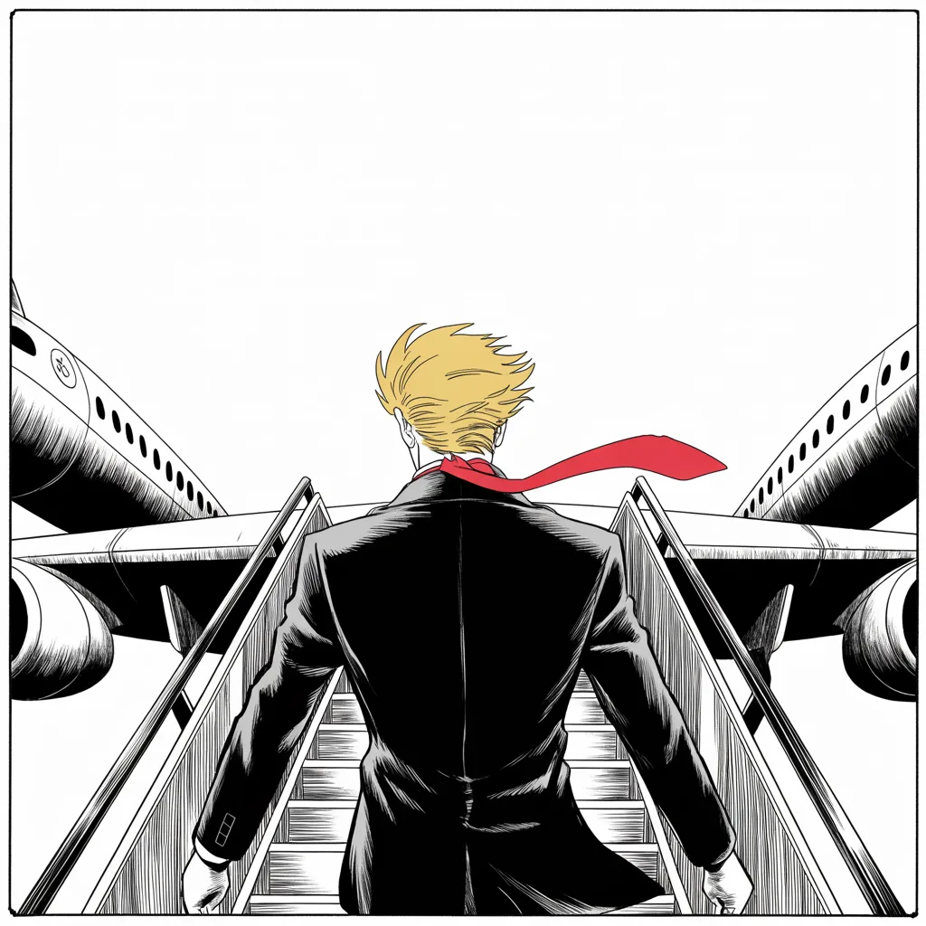 Manga panel 4 of 5, Week 101 “The Appointment”: With the capital closing in behind him, Donarudo climbs the airstairs and turns his back on the hunt: the first great foreign voyage begins.