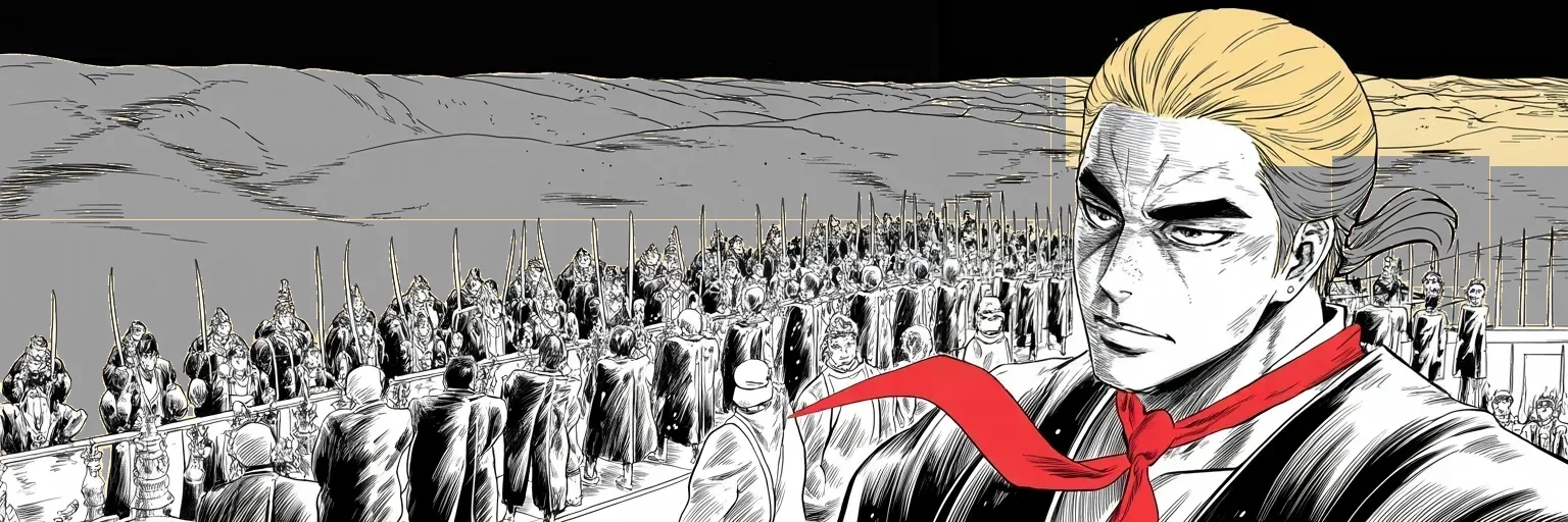 Manga panel 5 of 5, Week 101 “The Appointment”: Half a world from the hunter, Donarudo is received like a crowned guest in a golden desert palace as the foreign tour opens.