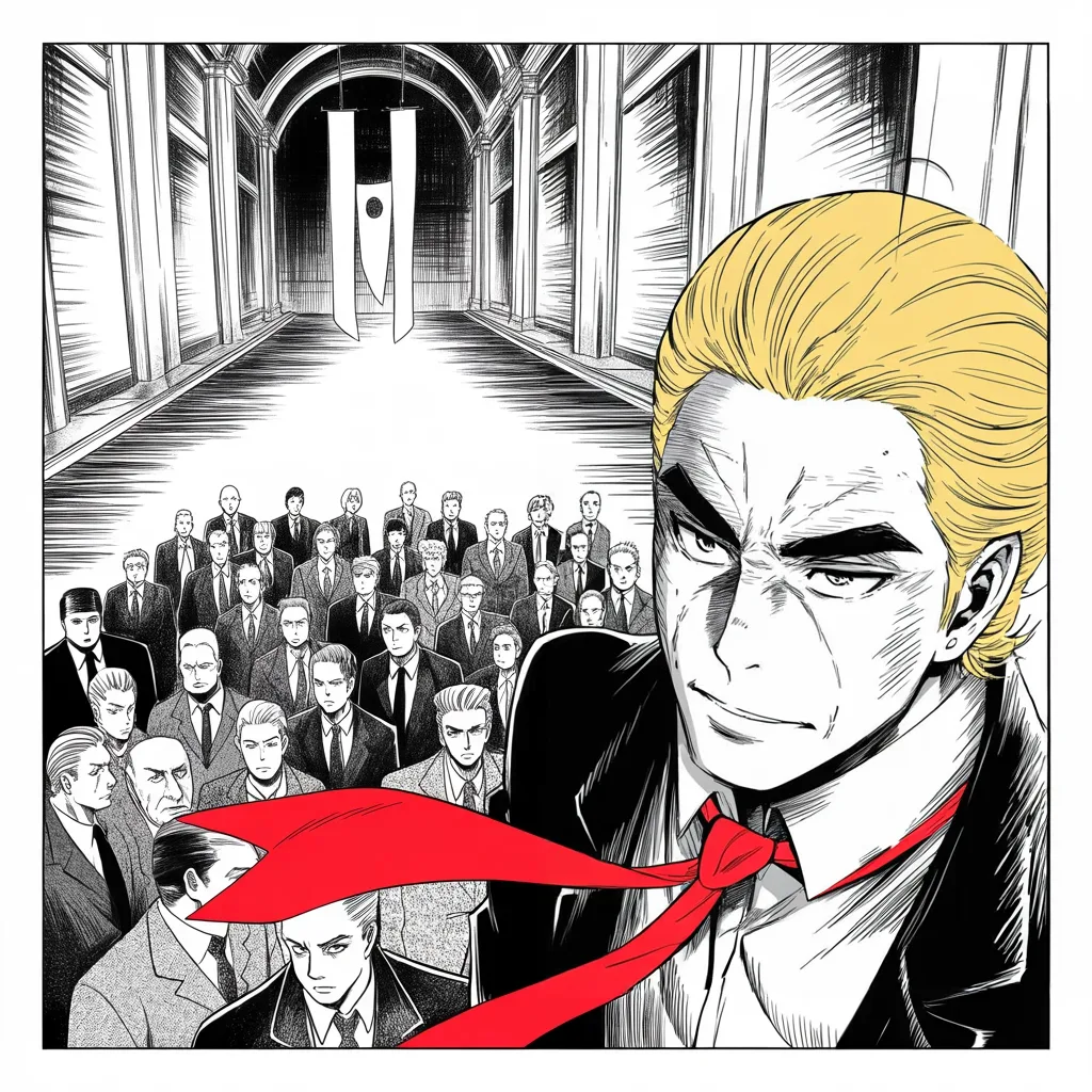 Manga panel 2 of 5, Week 102 “The Grand Tour”: At the great alliance council Donarudo shoulders his way to the front row and presents the bill for the common defense.