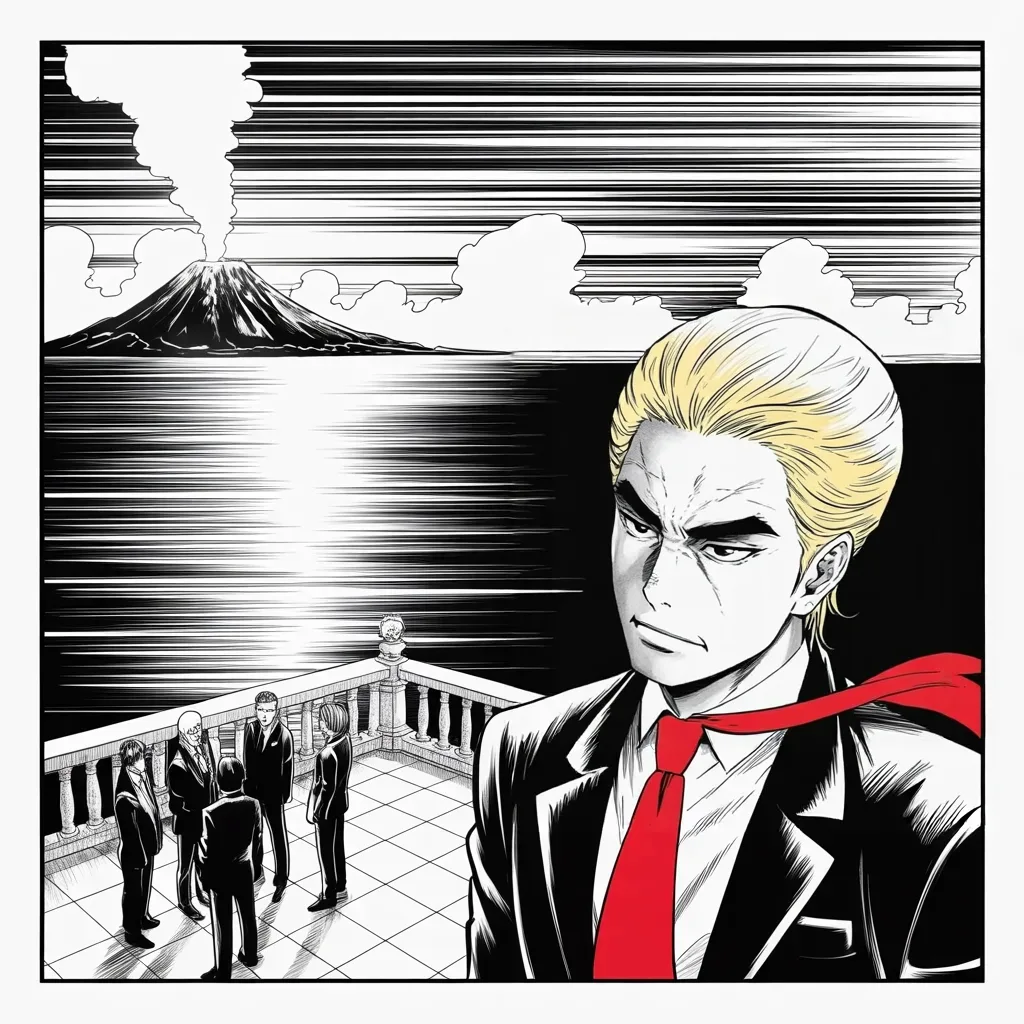 Manga panel 3 of 5, Week 102 “The Grand Tour”: On a volcano-shadowed terrace the seven powers meet, and Donarudo stands a step apart from the circle, tallying his winnings.