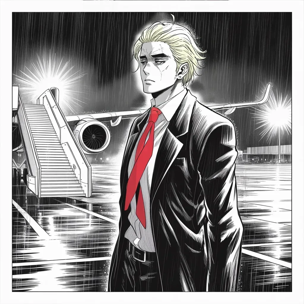 Manga panel 4 of 5, Week 102 “The Grand Tour”: Nine days and half a world later, Donarudo descends into the capital's rain, declaring the voyage a triumph before his shoes touch home.