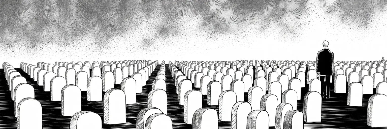 Manga panel 5 of 5, Week 102 “The Grand Tour”: The week ends among the endless white stones of the national cemetery, the roaring tour giving way to one small silent salute.