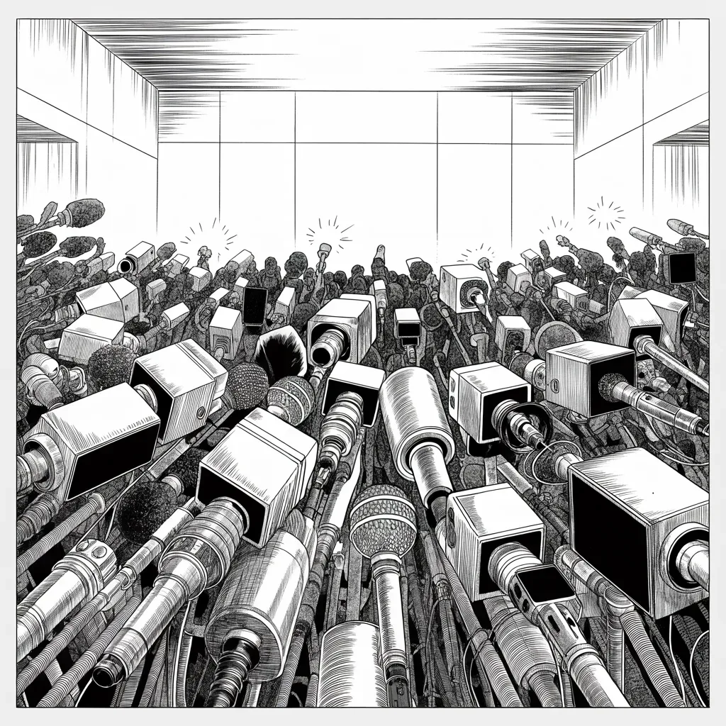 Manga panel 2 of 5, Week 103 “Covfefe”: By morning the word has conquered every front page, and the chorus of lenses howls for its meaning. He offers them a riddle instead.