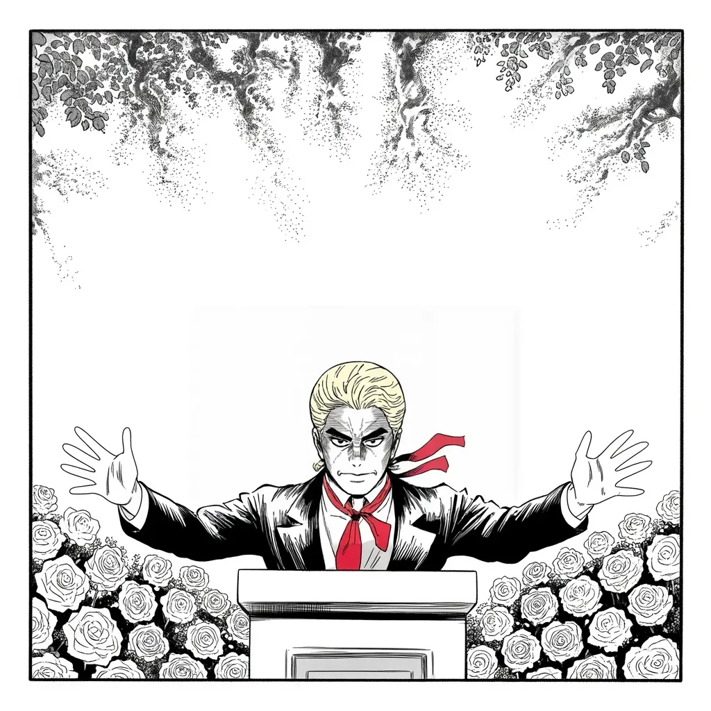 Manga panel 3 of 5, Week 103 “Covfefe”: In the rose garden Donarudo pulls the kingdom out of the world's climate compact and declares the day a victory.