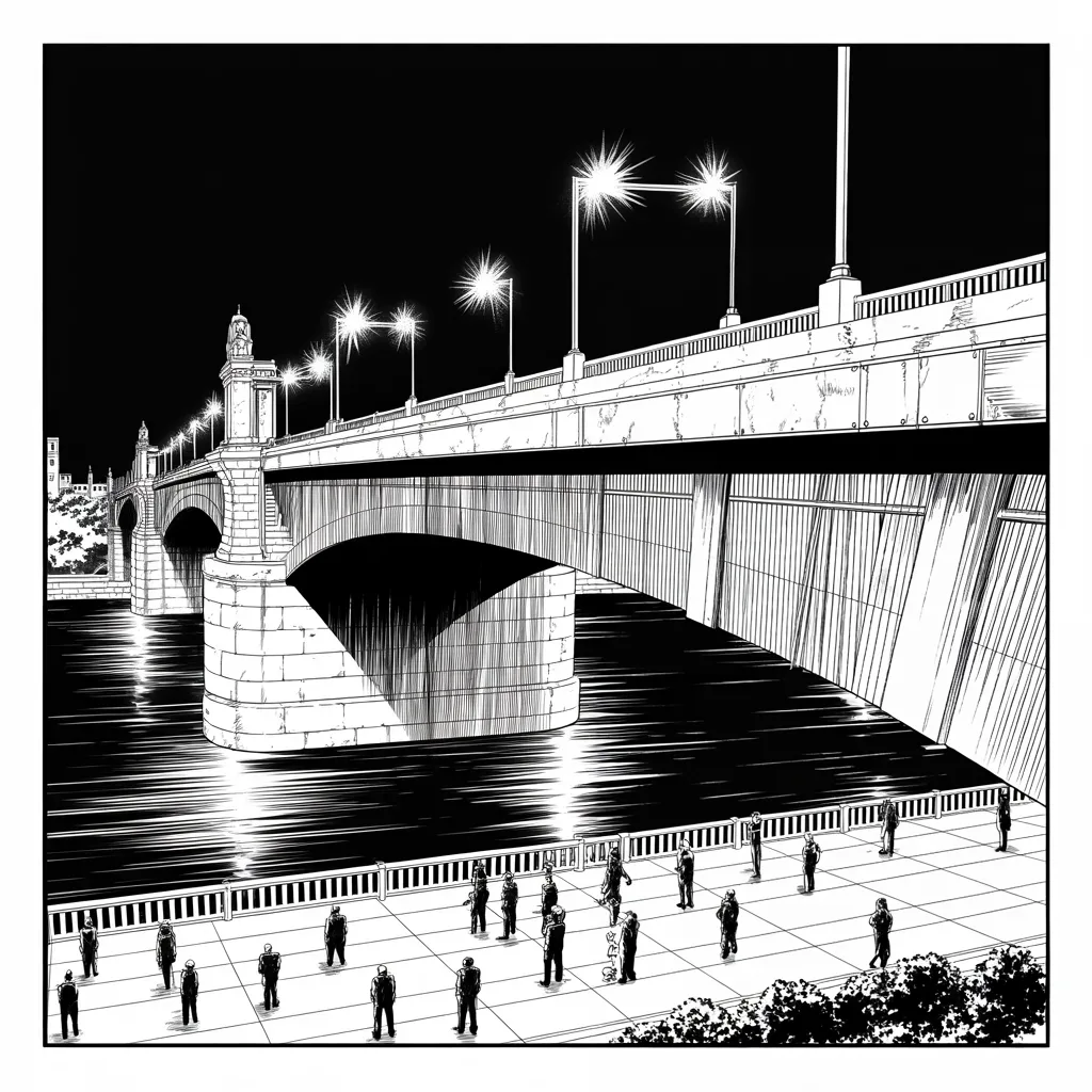 Manga panel 4 of 5, Week 103 “Covfefe”: Terror strikes a bridge in the ally's capital by night, and the pledge of help crosses the ocean before the sirens fade.
