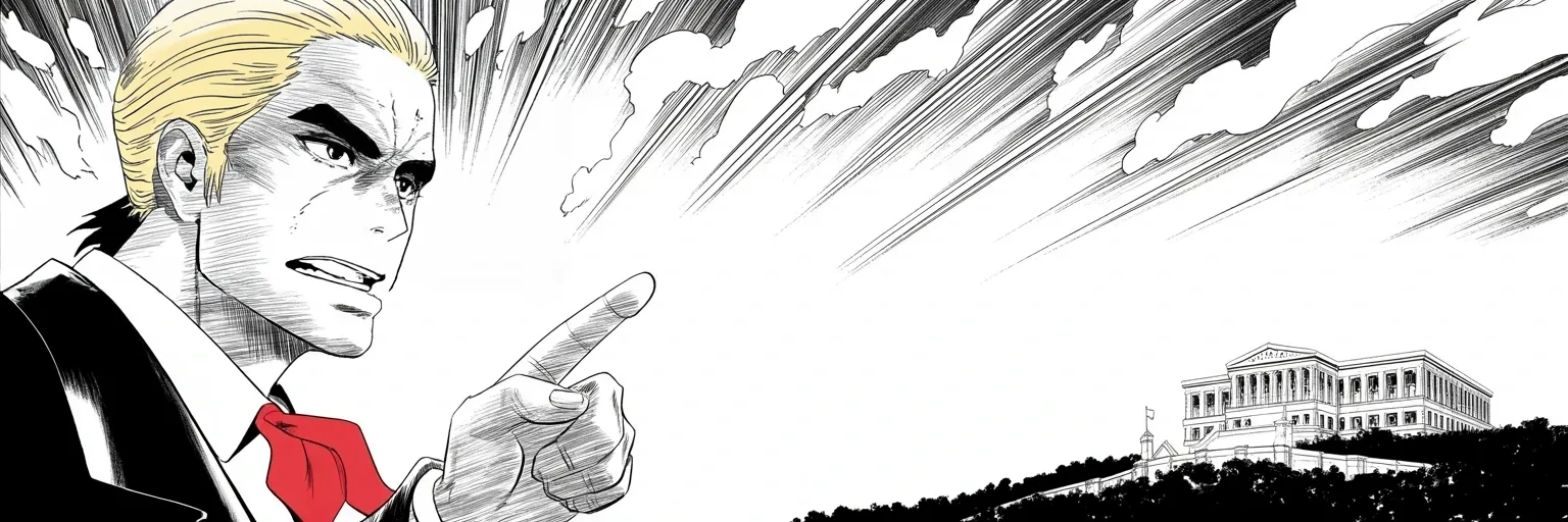 Manga panel 5 of 5, Week 103 “Covfefe”: Against his own lawyers' careful language, Donarudo shouts across the storm at the distant courts: call it what it is.