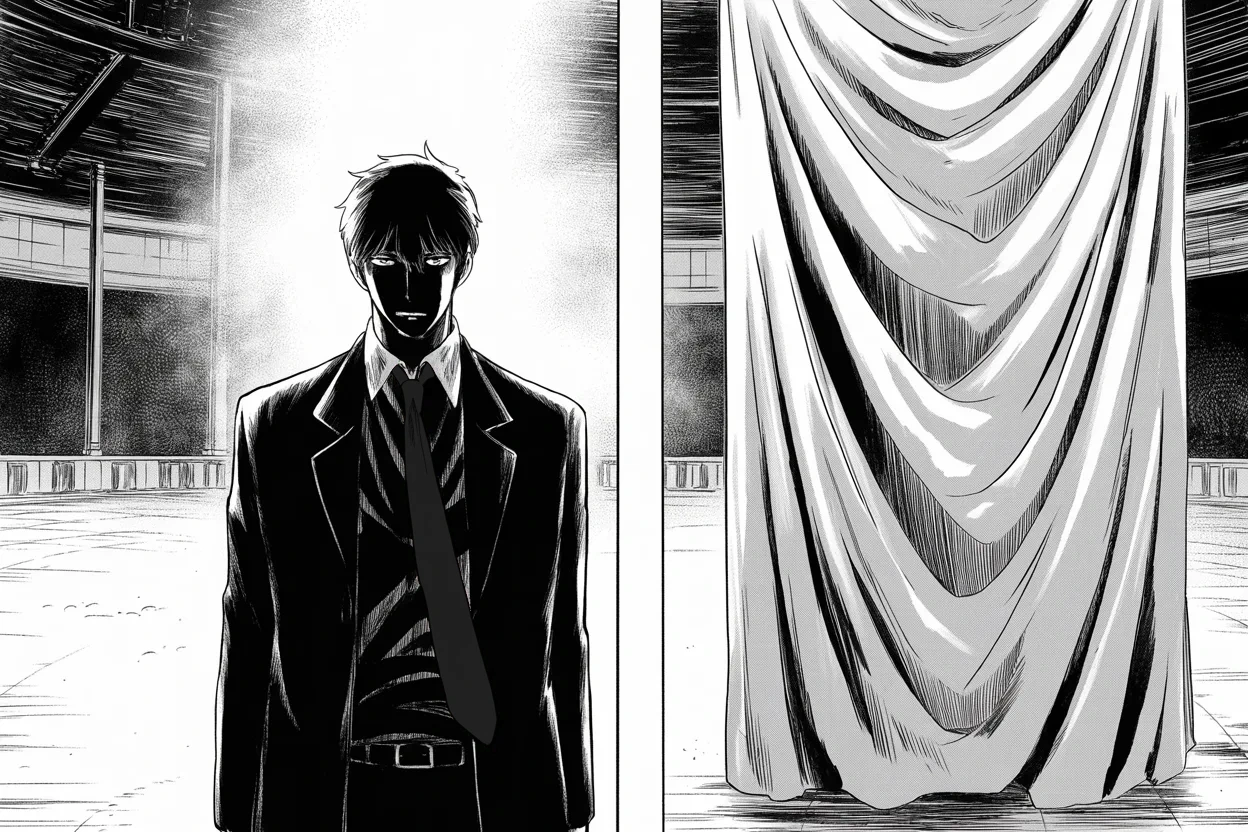 Manga panel 2 of 4, Week 104 “Vindication”: A new marshal is named for the bureau — a silhouette with impeccable credentials, introduced in a single line.