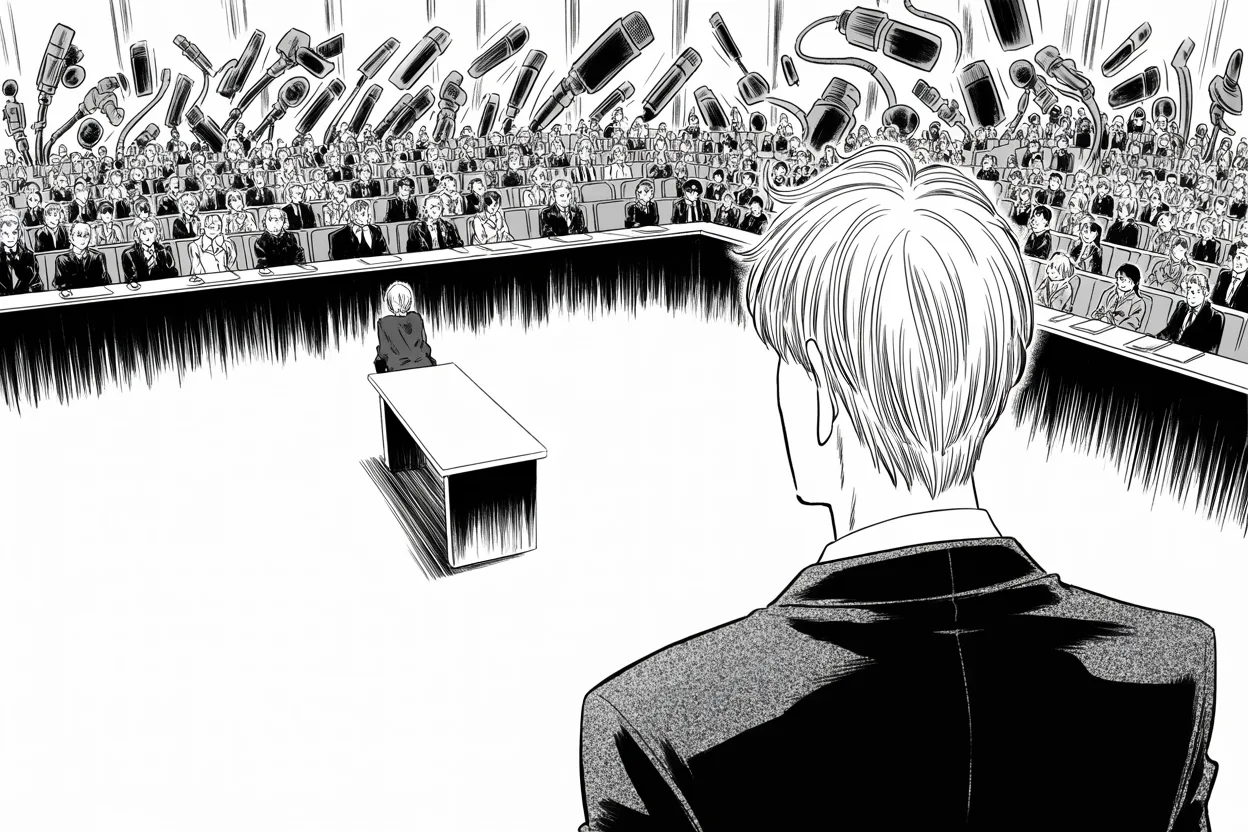 Manga panel 3 of 4, Week 104 “Vindication”: June 8. The dismissed marshal takes the witness table alone before the council, and the whole kingdom stops to listen.