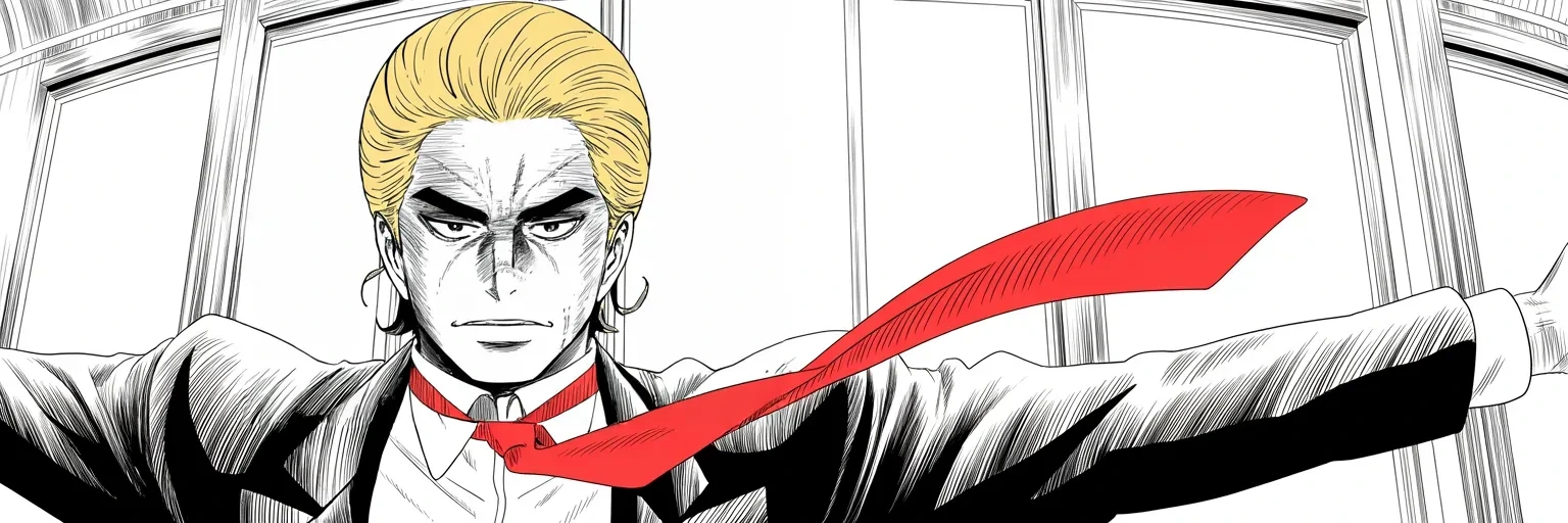 Manga panel 4 of 4, Week 104 “Vindication”: The morning after the testimony Donarudo throws his arms wide and declares total victory: vindication, and the marshal a leaker.