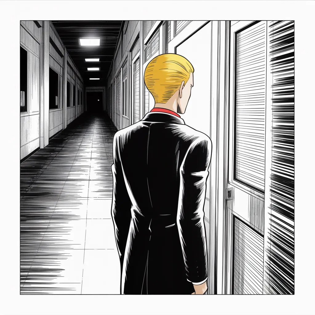 Manga panel 2 of 5, Week 105 “The Man Who Told Me”: Donarudo stands at the wounded knight's hospital door, and for once the message he sends is a prayer.