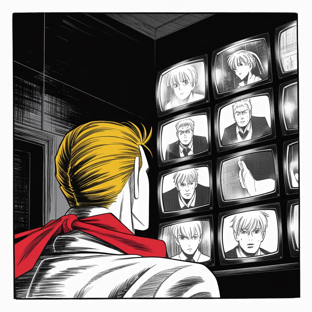 Manga panel 3 of 5, Week 105 “The Man Who Told Me”: The truce lasts one day. By the next evening Donarudo is back before the screens, naming the hunt and the hunters.