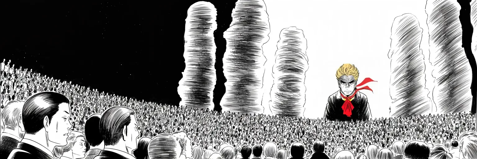 Manga panel 5 of 5, Week 105 “The Man Who Told Me”: Hunted at home, Donarudo goes back to the crowds and reads his rising numbers aloud like a power level.