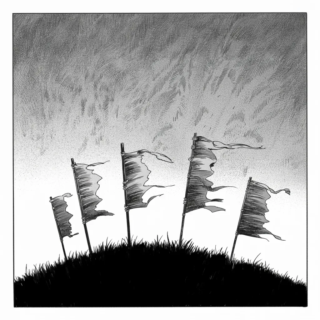 Manga panel 2 of 5, Week 106 “Five and O”: Five special elections, five banners on the hill: the scoreboard as Donarudo keeps it.