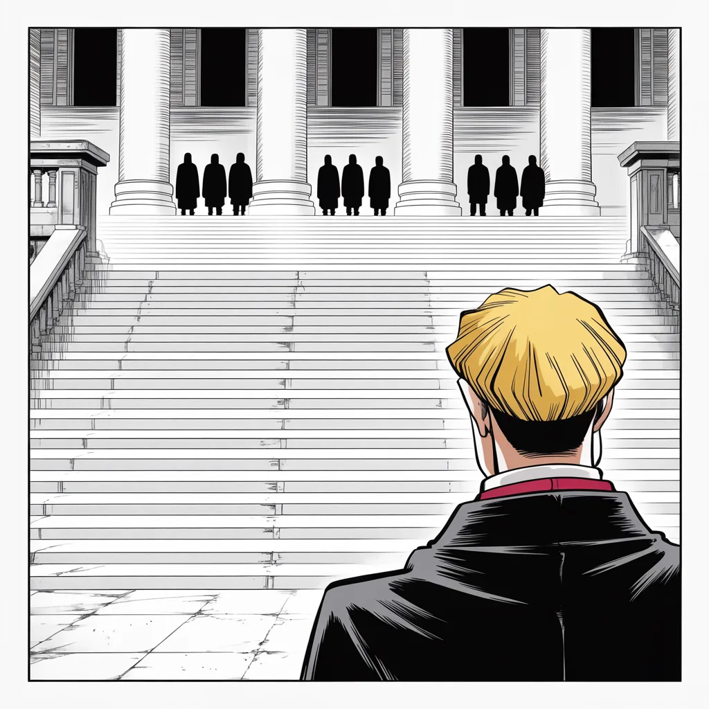 Manga panel 4 of 5, Week 106 “Five and O”: The nine silent judges of the high court let the travel ban breathe, and Donarudo reads the order as a bended knee.
