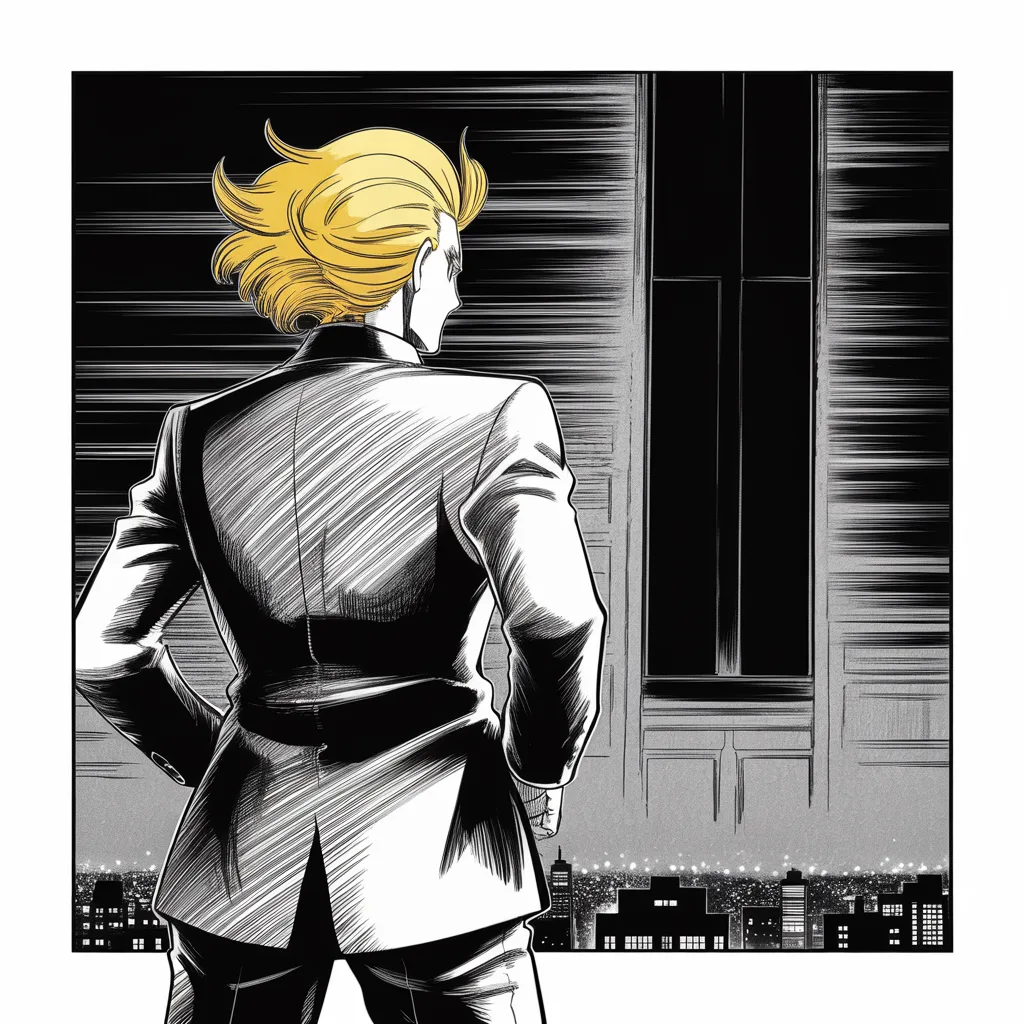 Manga panel 2 of 5, Week 107 “Modern Day Presidential”: Pacing the dark window, Donarudo turns the network's name over in his mind like a blade being renamed.