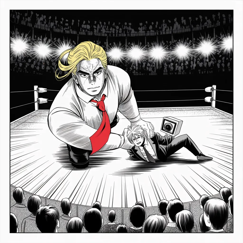 Manga panel 3 of 5, Week 107 “Modern Day Presidential”: The infamous ringside video: Donarudo body-slams the chorus itself, a camera for a head, and posts the deed with two hashtags.