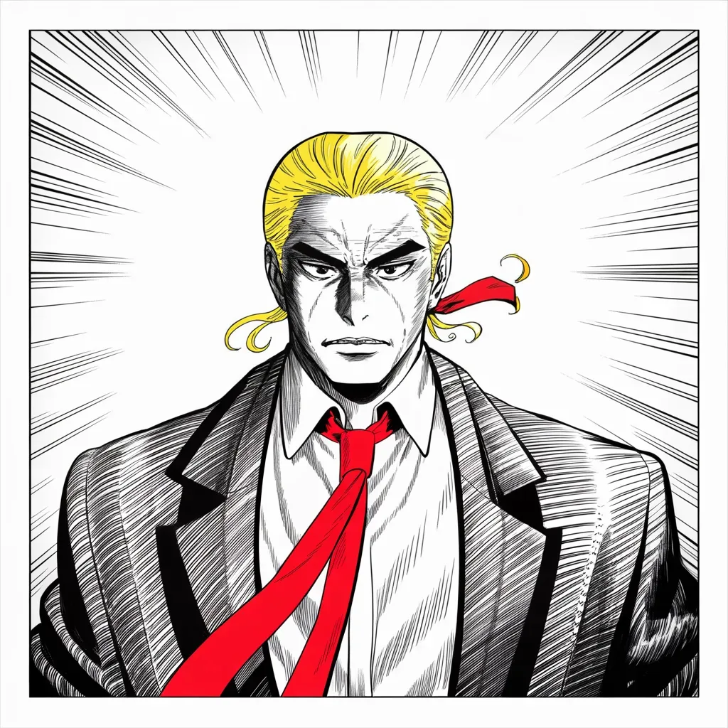 Manga panel 4 of 5, Week 107 “Modern Day Presidential”: Shot from below with his mane haloed, Donarudo coins the doctrine of the whole saga: not presidential — modern day presidential.