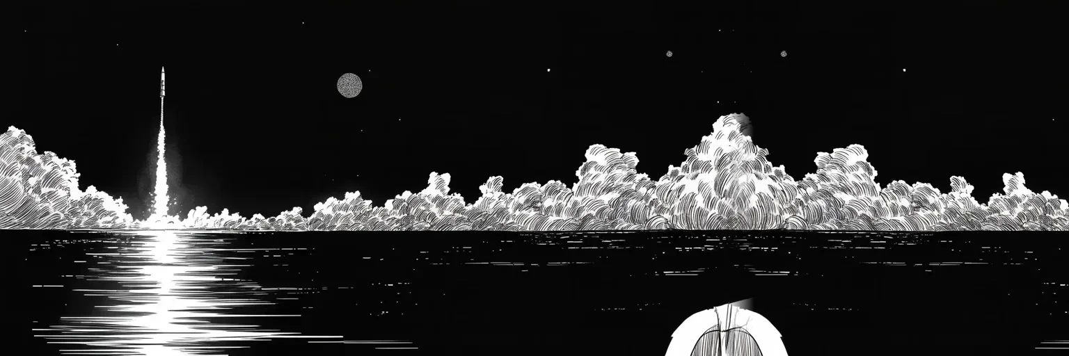 Manga panel 5 of 5, Week 107 “Modern Day Presidential”: Across the far ocean a thin line of fire climbs from the hermit kingdom, and the week ends looking east.