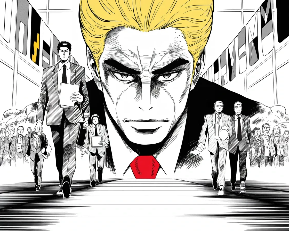 Manga panel 2 of 4, Week 108 “The Meeting”: Summit morning: Donarudo strides the corridor of twenty nations toward the one meeting the whole world is watching.