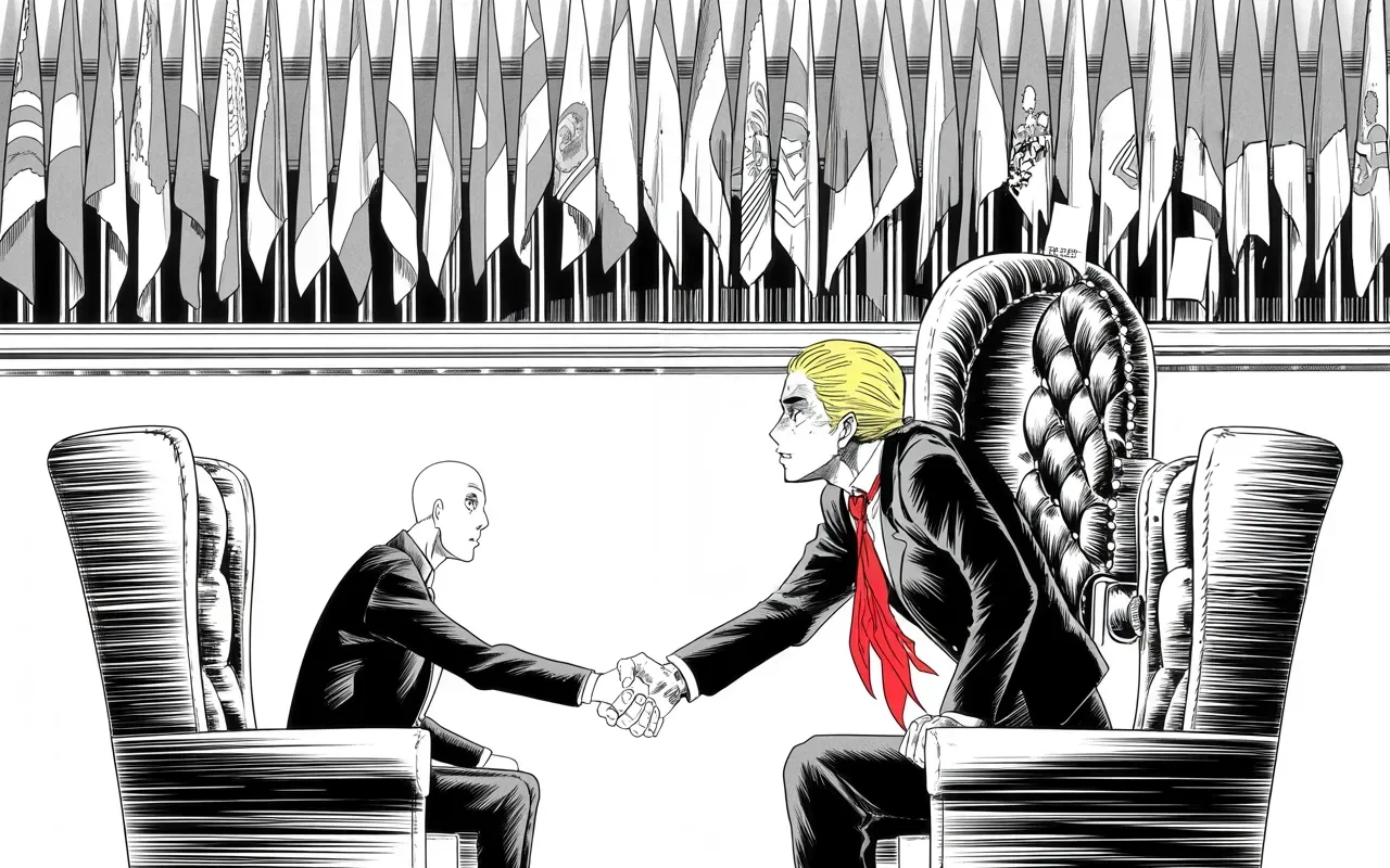 Manga panel 3 of 4, Week 108 “The Meeting”: The meeting: two hours become four behind closed doors with the cold-eyed ruler of the northern kingdom, a handshake bridging the chairs.