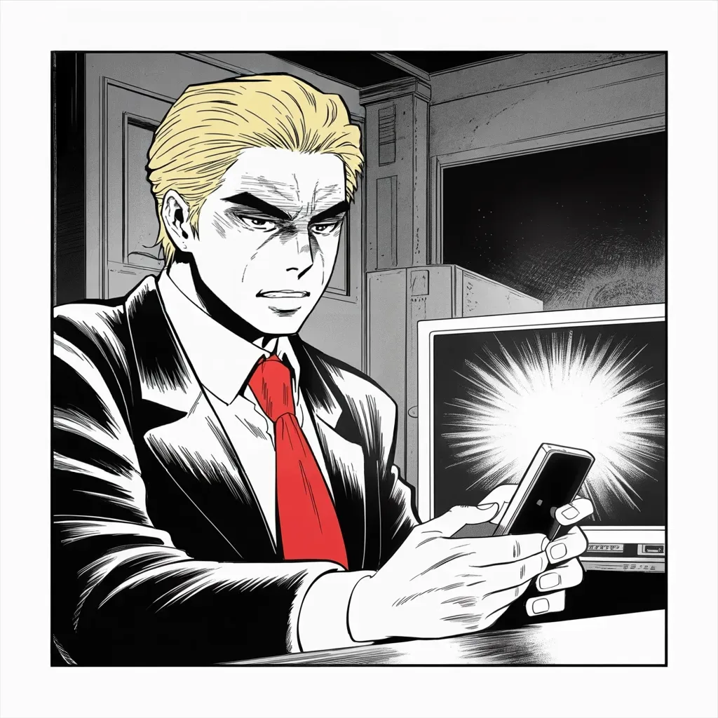 Manga panel 2 of 5, Week 109 “The Emails”: The father answers the storm the only way he knows: the son is open, transparent, innocent — and the hunt is the greatest in history.