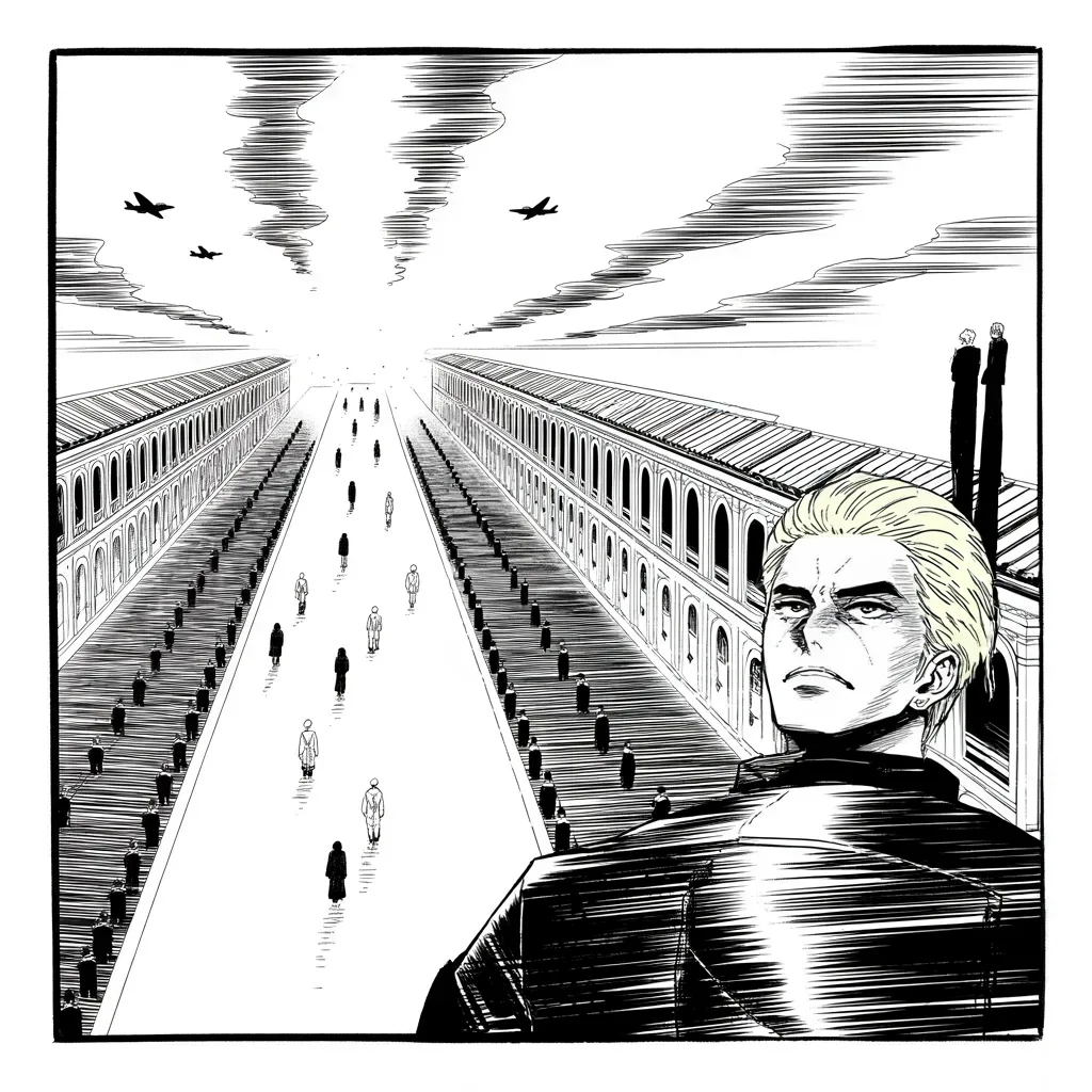 Manga panel 3 of 5, Week 109 “The Emails”: From the review side Donarudo watches the old ally's great parade from behind, jets painting the sky down the grand avenue.