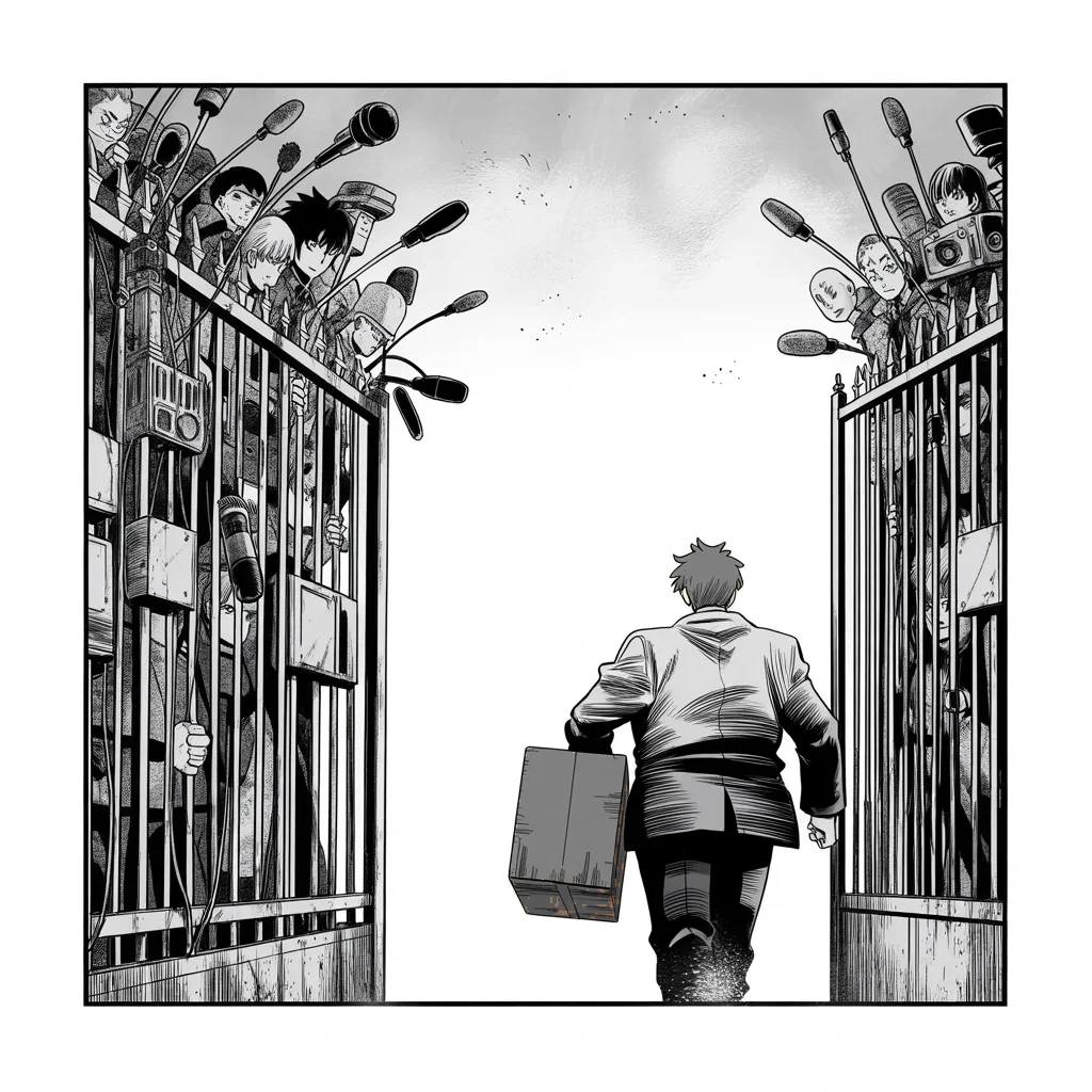 Manga panel 2 of 5, Week 110 “Beleaguered”: The king's herald lays down the podium and walks out of the gates with a box, six months of shouted briefings behind him.