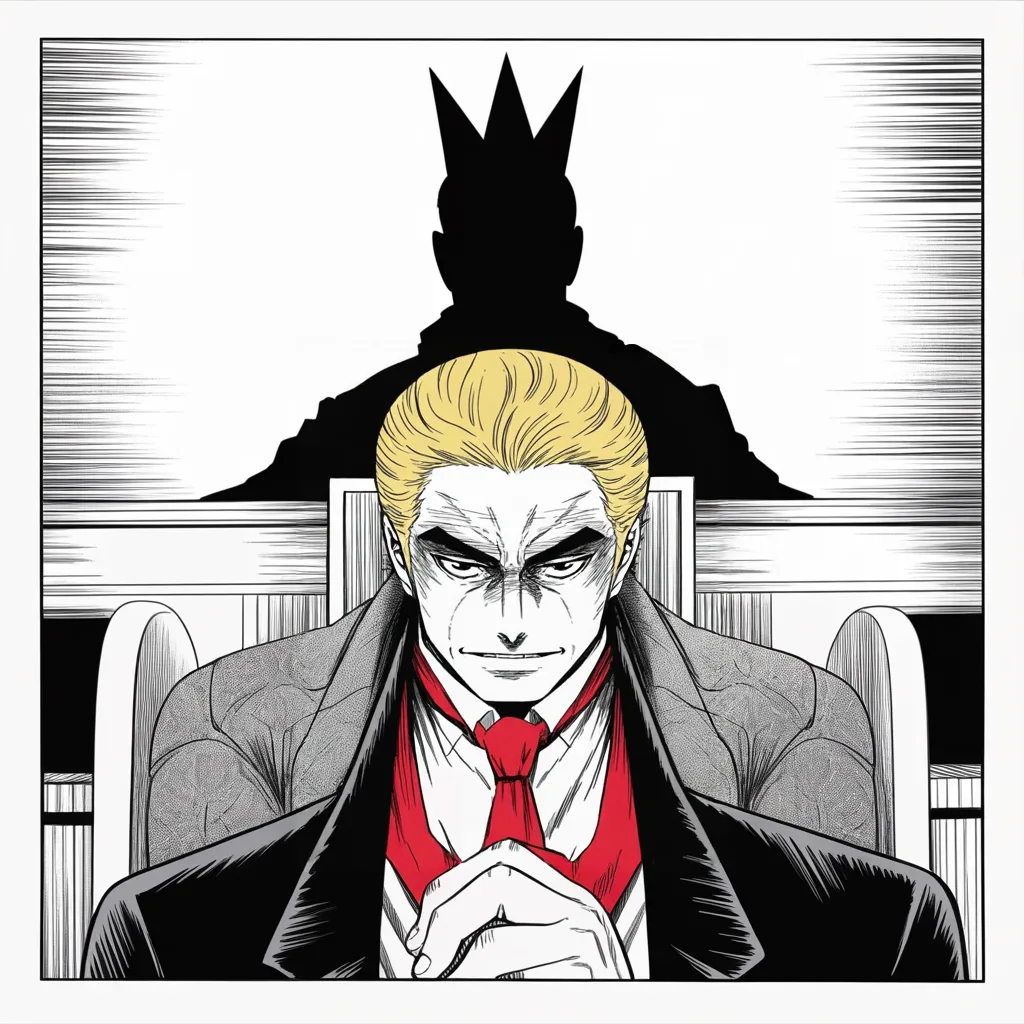 Manga panel 3 of 5, Week 110 “Beleaguered”: In a high-backed chair Donarudo muses aloud on the one power no one disputes — the pardon — and his shadow tries on a crown.